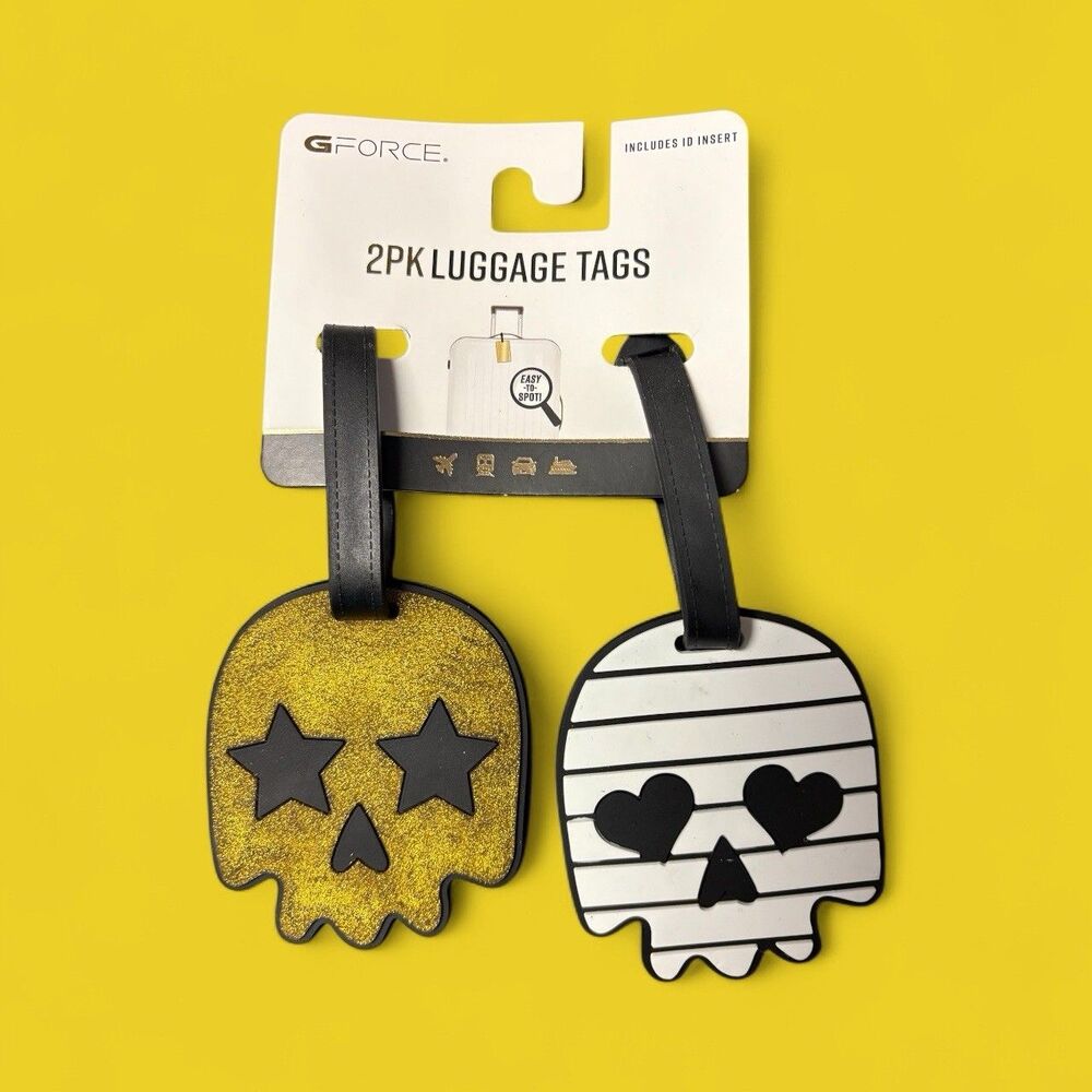 GForce 2pk Luggage Tags w/ID Window "Skull Eyes” Travel, Brand New